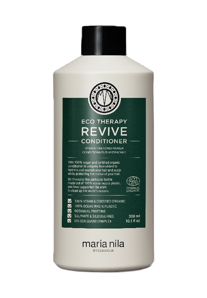 Maria Nila Eco Therapy Revive Hydrating Conditioner verpakking, 300ml, 100% vegan, biologisch, verpakking van oceaanafvalplastic, sulfaat- en siliconenvrij.