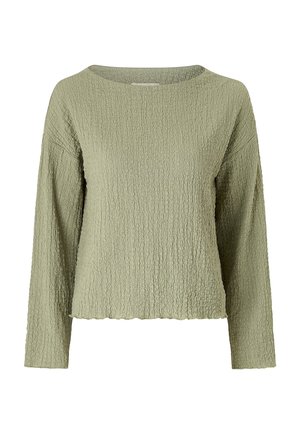 Lichtgroen langarmtextuur top met een ronde halslijn en een licht gerimpelde zoom, weergegeven op een witte achtergrond.