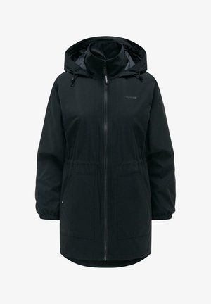Schwarze wasserdichte Kapuzenjacke mit Frontreißverschluss, verstellbarer Taille und elastischen Bündchen, mit zwei Fronttaschen.