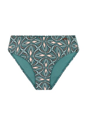 Groene bikini broek met een geometrisch patroon in tinten teal, roze en zwart. Gemaakt van gladde stof met een klassieke snit.