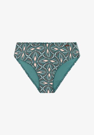 Groene bikini broek met een geometrisch patroon in tinten teal, roze en zwart. Gemaakt van gladde stof met een klassieke snit.
