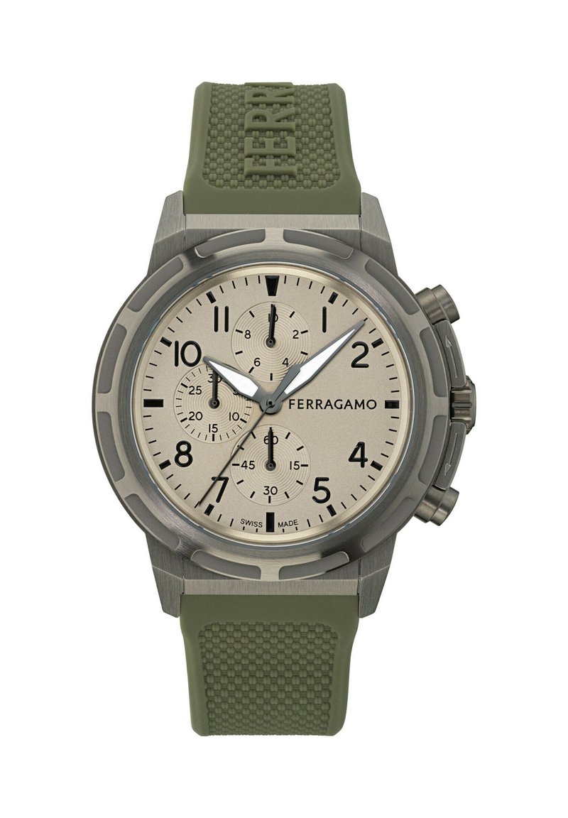 Ferragamo Chronograph-Uhr mit silbernem Zifferblatt, drei Subdials, Gehäuse aus Edelstahl und grünem Gummiband mit strukturierten Akzenten.