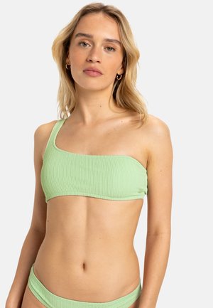 Light green ribbed bikini top with an asymmetric one-shoulder design, featuring a smooth texture and a solid color.