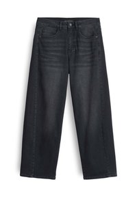 Jean large noir en denim avec un design classique à cinq poches. Dispose d'une fermeture éclair et d'un bouton, avec des détails légèrement délavés.