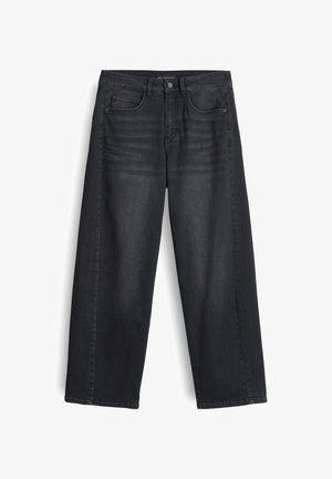 Black wide-leg jeans made of denim with a classic five-pocket design. Features a zip fly and button closure, with subtle faded detailing.