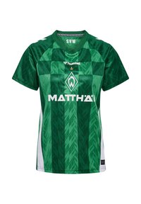 Groene sporttrui met een geometrisch patroon, witte accenten, een ronde halslijn en opvallende branding met een logo en tekst op de voorkant.