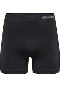 Svarta idrottsshorts med en slät textur, elastisk midjeband och kontrasterande logotypdetalj. Har en åtsittande design för aktiv användning.