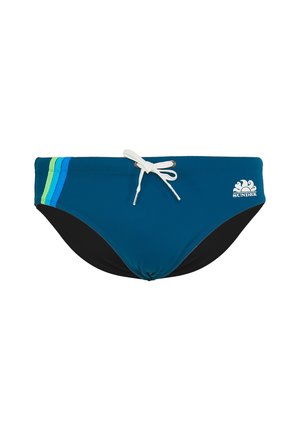 Slip da uomo blu con coulisse bianca, tre strisce laterali colorate e logo Sundek sul lato destro.