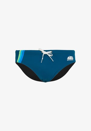 Slip da uomo blu con coulisse bianca, tre strisce laterali colorate e logo Sundek sul lato destro.