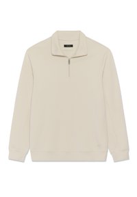 Béžová pulóvrová mikina s vysokým golierom a polovičným zipsom, vyrobená z mäkkej látky. Má rebrové manžety a pás, s minimálnym logom.