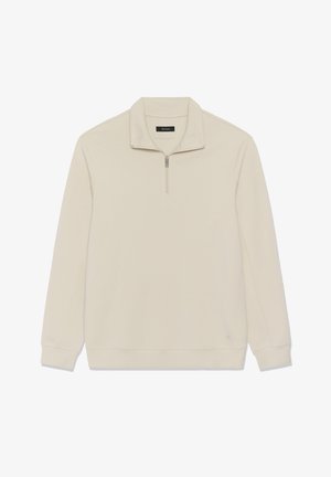 Felpa beige con collo alto e mezza zip, realizzata in tessuto morbido. Presenta polsini e fascia alla vita a coste, con un logo minimalista.