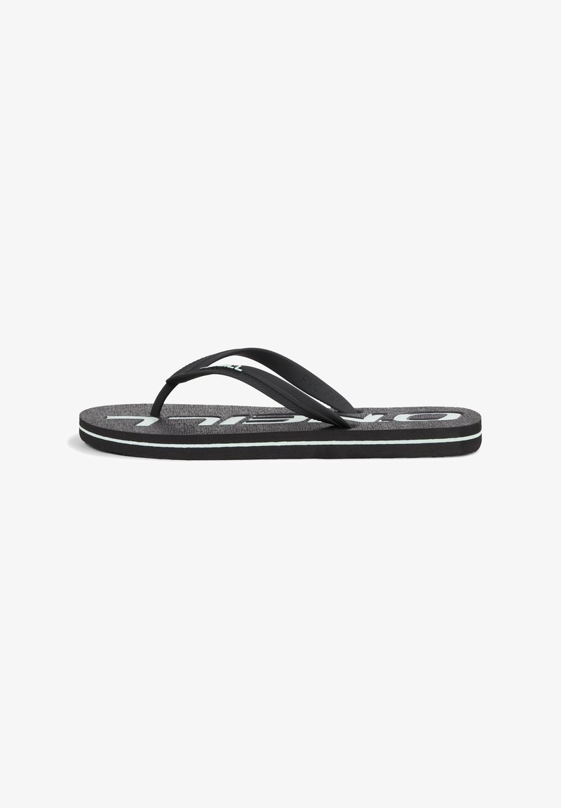 Black flip-flop with textured outsole, thin rubber straps, and a grey footbed featuring white branding and a light blue accent stripe.