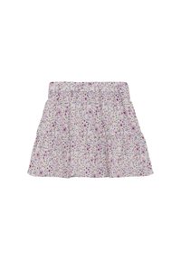 Jupe fleurie avec un fond clair, ornée de petites fleurs roses, violettes et bleues. Taille smockée, design à volants et tissu léger.