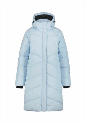 Hellblauer gefütterter Mantel mit Kapuze, der ein Chevron-Muster aufweist, lange Ärmel hat und schwarze Innenakzente bietet. Mit Reißverschluss vorne zu schließen.