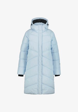 Cappotto imbottito azzurro chiaro con cappuccio, caratterizzato da un motivo a zigzag, maniche lunghe e accenti neri all'interno. Chiusura frontale con zipper.