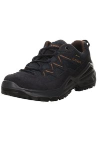 Dark blue hiking shoe with a suede and mesh upper, brown accents, and a textured rubber sole. Features a reinforced toe cap and lacing system.