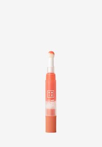 Applicateur de maquillage couleur corail avec une pointe en mousse arrondie, un corps transparent et une base orange. Présente le logo et le numéro de produit sur le côté.
