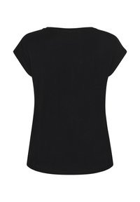 Zwarte korte mouwen t-shirt met een ronde halslijn, gemaakt van zacht stof, met een losse pasvorm en een gladde textuur. Achteraanzicht weergegeven.