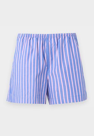 Μπλε σορτς με κατακόρυφες ροζ ρίγες, ελαστική μέση και ίσιο τελείωμα, εμφανίζεται σε λευκό φόντο.