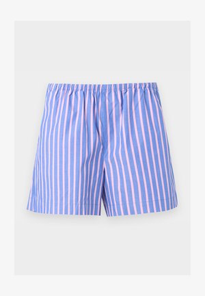 Μπλε σορτς με κατακόρυφες ροζ ρίγες, ελαστική μέση και ίσιο τελείωμα, εμφανίζεται σε λευκό φόντο.