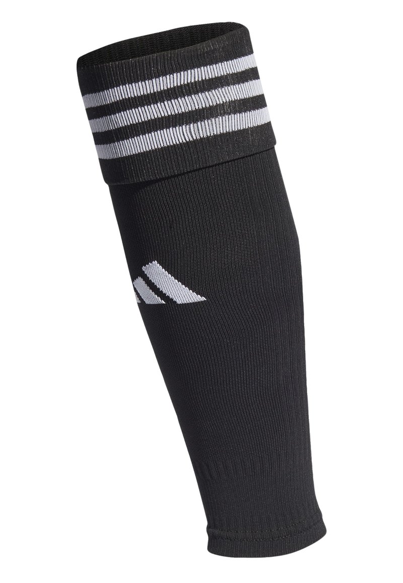 Calzino sportivo nero con una texture a costine, caratterizzato da tre strisce bianche sul polsino e un logo bianco sul lato.