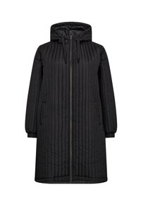 Fekete steppelt hosszú kabát kapucnival, elülső cipzárral, oldalsó zsebekkel és rugalmas mandzsettákkal.