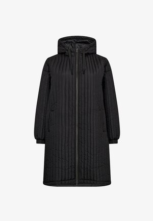 Schwarze gesteppte lange Jacke mit Kapuze, frontalem Reißverschluss, seitlichen Taschen und elastischen Bündchen.