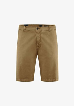 Pantaloni corti beige in tessuto misto cotone, con chiusura a pulsante e texture liscia. Lunghezza fino al ginocchio, con tasche laterali e orlo pulito.