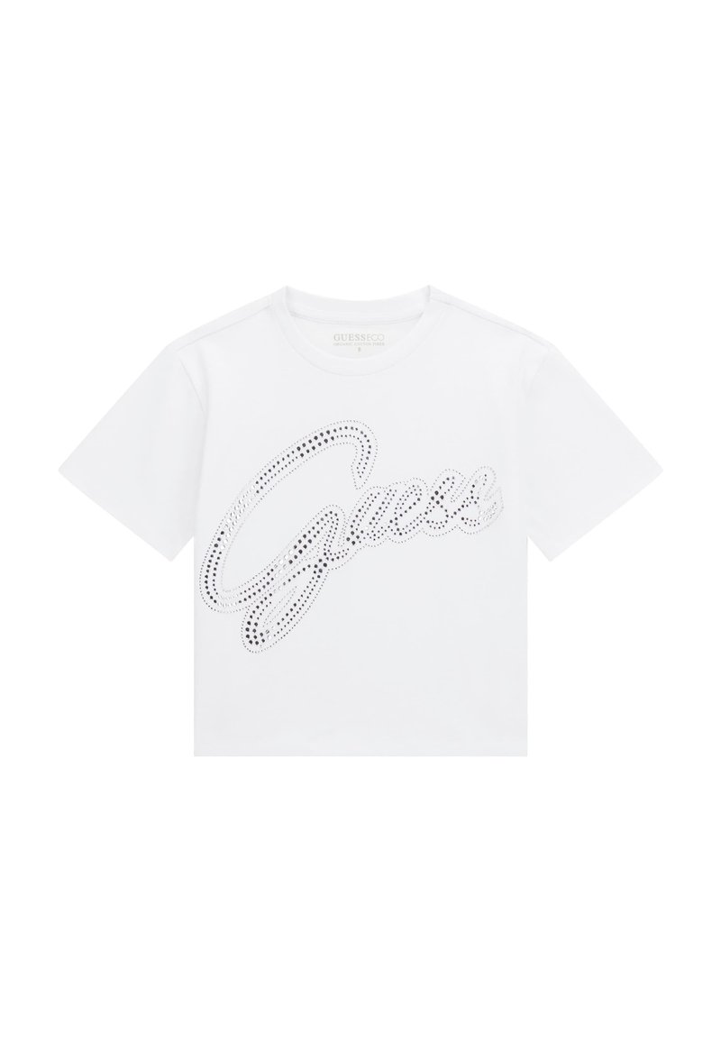 Valge lühikese varrukaga puuvillane T-särk, mille esiosal on särav dotline "Guess" logo hõbedases värvitoonis ning klassikaline ümmargune kaelus.