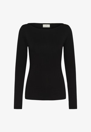 Černý top s dlouhým rukávem a širokým výstřihem, vyrobený z hladké, pružné tkaniny. Vyznačuje se přiléhavým střihem a čistými liniemi, bez viditelných vzorů.