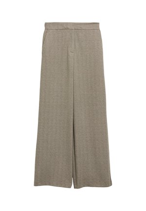 Beige Hose mit weitem Bein, dezentem Fischgrätmuster und hohem Bund, vor weißem Hintergrund dargestellt.