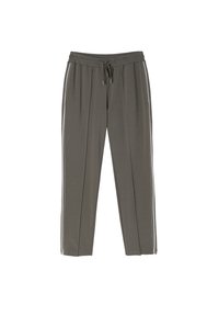 Grijze loungebroeken met een elastische tailleband, trekkoord en witte zijstrepen. Gemaakt van een zachte stof met een relaxte pasvorm en rechte pijpen.