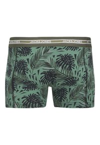 Groene katoenen boxershorts met een zwart tropisch bladerenpatroon en een contrasterende olijfgroene tailleband met de tekst "JACK & JONES" in wit.