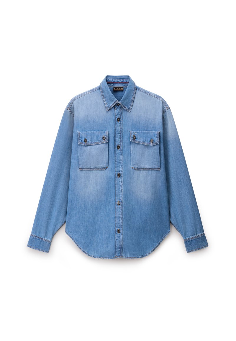 Jeanshemd, hellblau, langärmlig, mit Knopfleiste, zwei Brusttaschen, abgerundeter Saum, verstärkte Nähte, Standardkragen, lässiger Stil.