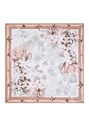 Foulard carré avec bord beige et bouquets de fleurs rose clair et blanches dans deux coins sur un fond pâle à motifs.