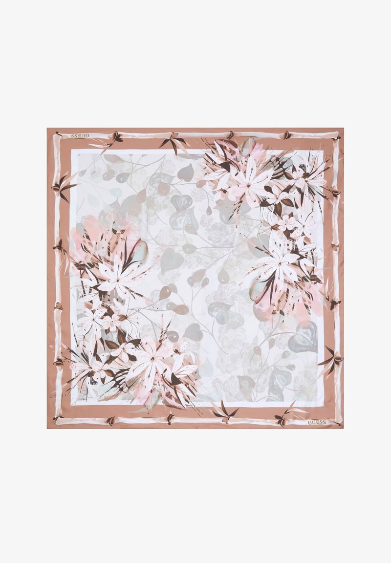 Foulard carré avec bord beige et bouquets de fleurs rose clair et blanches dans deux coins sur un fond pâle à motifs.