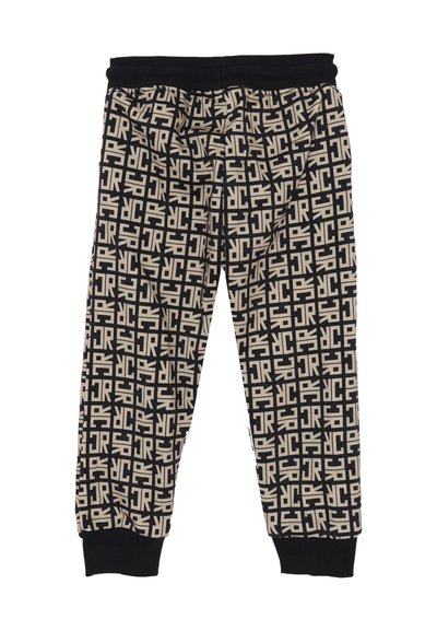 Pantaloni jogger neri e beige con una fascia in vita regolabile e polsini a coste. Presentano un motivo grafico ripetuto su tutta la superficie.