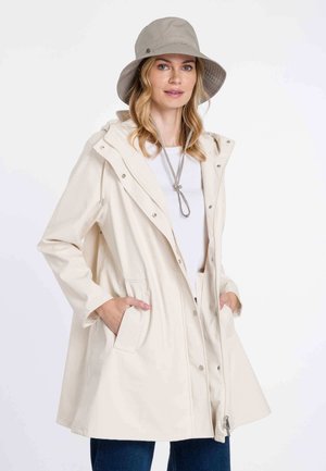 Light beige raincoat with a hood, button closure, and side pockets, paired with a light gray bucket hat. Smooth texture, casual design.