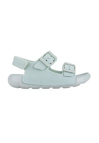 Light green sandals with two adjustable buckles, made from soft material, featuring a textured upper and a solid rubber sole.