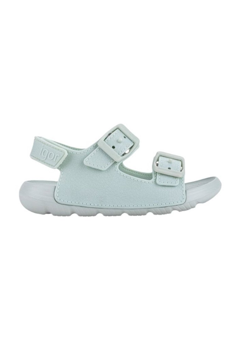 Light green sandals with two adjustable buckles, made from soft material, featuring a textured upper and a solid rubber sole.