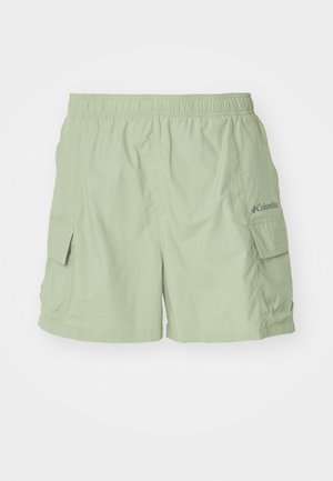 Light green cargo shorts with an elastic waistband, side pockets, and a small Columbia logo on the right side. Lightweight fabric.