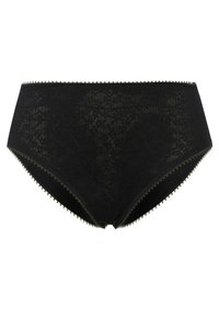 Zwarte kanten slip met een hoog taille ontwerp, voorzien van decoratieve picotafwerking langs de tailleband en beenopeningen. Zachte, gestructureerde stof.