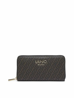 Portafoglio marrone con zip e motivo geometrico scuro, logo "LIU•JO MILANO" in tonalità oro sul davanti.