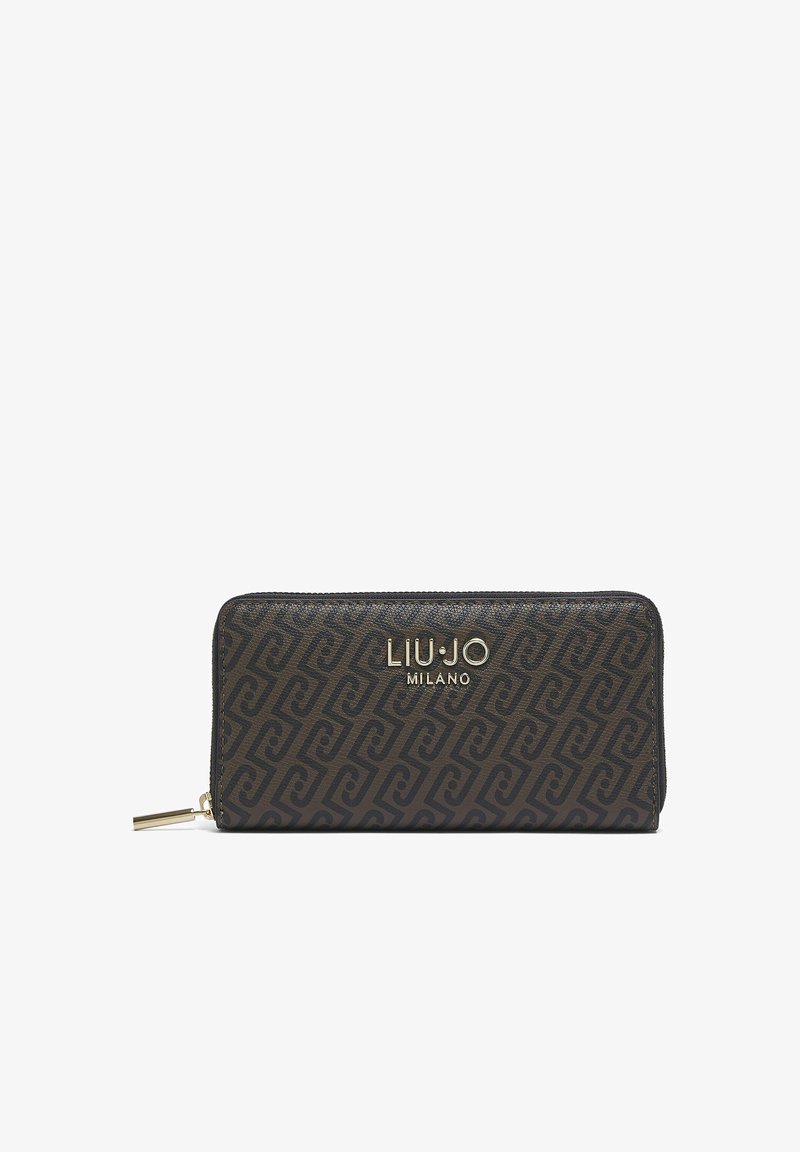 Portefeuille marron zippé avec motif géométrique foncé et logo doré "LIU•JO MILANO" sur le devant.