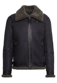 Giacca di pelle nera con colletto in shearling, dotata di chiusura lampo sul davanti e tasche laterali, polsini testurizzati e rifiniture in shearling a contrasto.