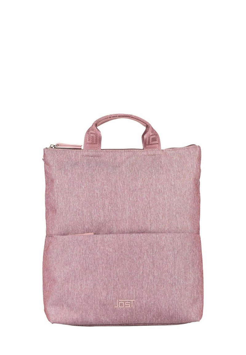 Sac en tissu rose avec poignées doubles, fermeture zippée, poche avant et surface texturée. Présente un logo discret en bas.