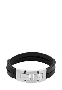 Bracciale in pelle nera con due bande sovrapposte e una chiusura in argento con il nome del marchio "s.Oliver" inciso.