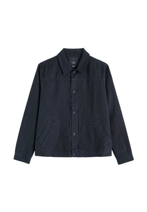 Giacca da uomo blu scuro con bottoni, collo e due tasche frontali oblique, realizzata in tessuto testurizzato.