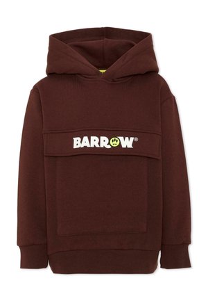 Ciemnobrązowa bluza z kapturem i przednią kieszenią z tekstem "BARROW", gdzie żółta buźka zastępuje literę "O."