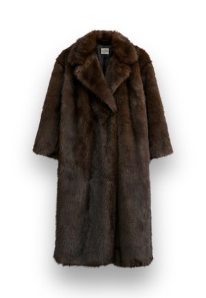 Brown fur coat with a notched collar, short sleeves, and a textured appearance. Features a relaxed fit and soft, dense material.